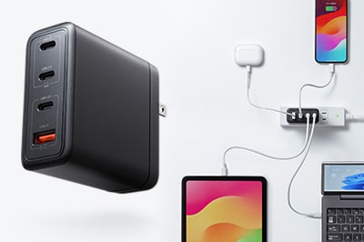 USB PD最大100W出力に対応し、Type-C×3ポート・USB A×1ポート搭載のマルチポートAC充電器
