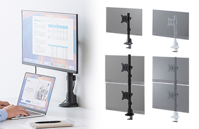 バックパネル付きデスクに取り付けやすい薄型クランプを採用した、ショートアームタイプのモニターアーム