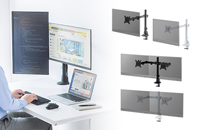バックパネル付きデスクに取り付けやすい薄型クランプを採用した、ロングアームタイプのモニターアーム