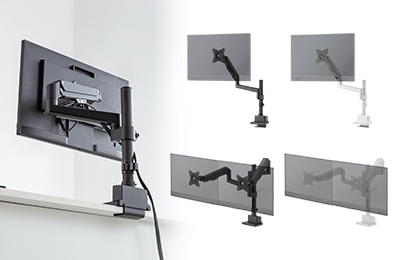 バックパネル付きデスクに取り付けやすい、薄くて短いクランプの支柱式モニターアーム