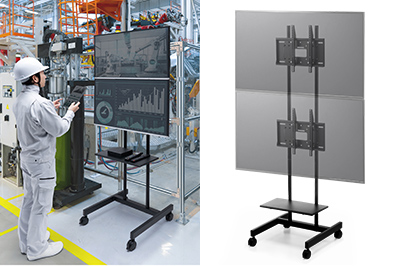 工場内の工程管理や監視カメラ管理画面の表示に適した上下2面対応ディスプレイスタンド