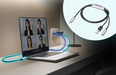 ノートパソコンを急速充電しながら有線LAN接続ができる、Type-C LAN変換ケーブル