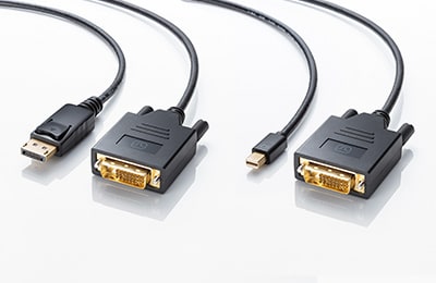 パソコンとディスプレイをアダプタ無しで接続できる、DisplayPort-DVI変換ケーブル・ミニDisplayPort-DVI変換ケーブル