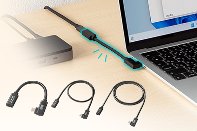 L型コネクタで配線がスッキリ収まる、USB5Gbps対応のType-C延長ケーブル。