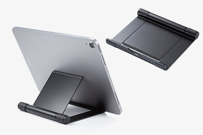 角度を無段階で調整できて持ち運びに便利な薄型のタブレット用アルミスタンド
