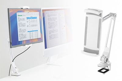 2関節のアームを搭載しクランプで固定できる、モバイルモニター・タブレット用アームホルダー