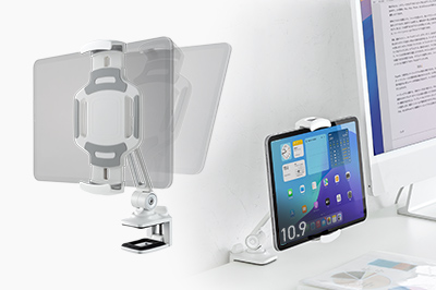 清潔感のあるホワイトカラー！タブレットをデスクに設置できる、クランプ式アームホルダー