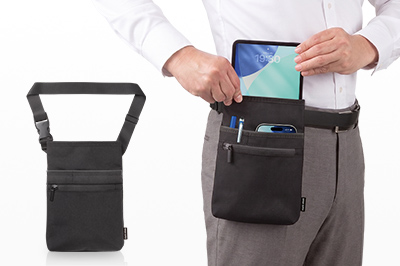 iPad miniと小物を身につけて持ち運べる、腰ベルト付きケース