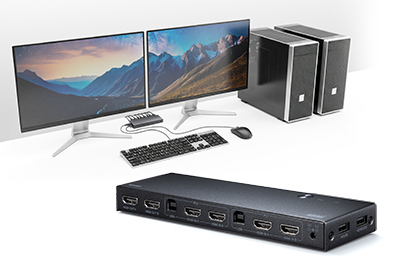 パソコン2台で4つの機器を切替・共有できるデュアルディスプレイ対応パソコン切替器