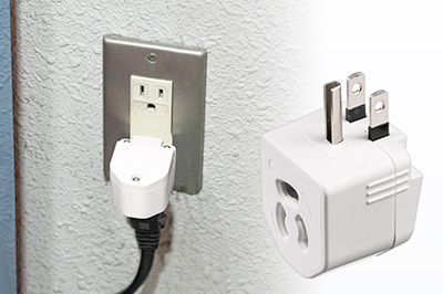 高温による火災を防ぐ！3Pプラグ用L型タップとして使える、コンパクトな温度ヒューズ内蔵アダプタ