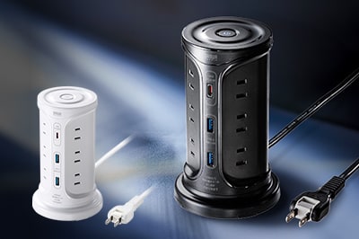 15台のデバイスを4方向から差せる、USB充電機能付きタワー型タップ