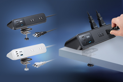 デスクサイドに固定して片手で抜き差し！PD65W対応のUSBコネクタが付いたクランプ固定式タップ。