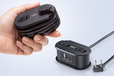 コードを本体に巻き付けてすっきり収納できる多機能モバイルタップ
