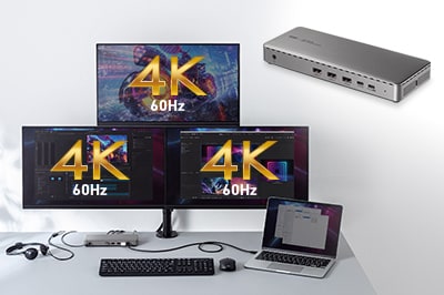 Type-Cケーブル1本で3台のディスプレイに4K/60Hz映像が出力できる、ドッキングステーション