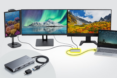 Type-C×2とHDMIを搭載し、最大3台のモニターへ4K/60Hz映像を同時出力できるディスプレイアダプタ