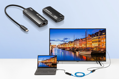 Type-Cからの映像出力を、LANケーブル1本で長距離HDMI出力ができる！4K対応のUSB Type C-HDMI変換エクステンダー