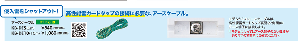 高性能雷ガードタップの接続に必要なアースケーブル KB-DE5