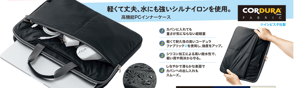 軽くて丈夫、水にも強いシルナイロンを使用