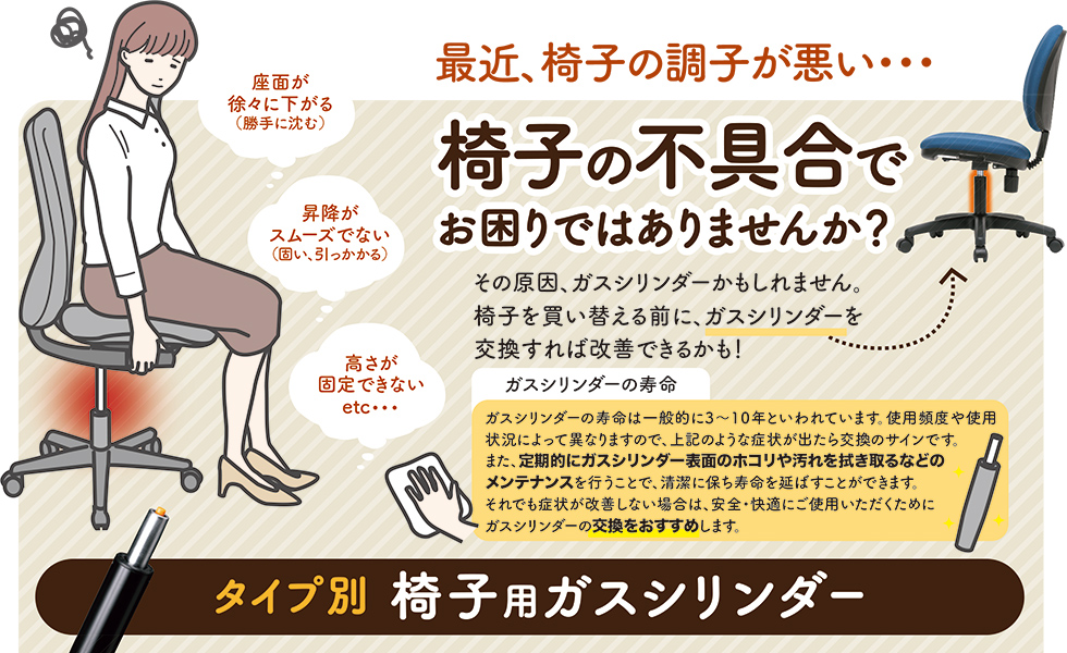 椅子の不具合でお困りではありませんか？ 座面が徐々に下がる 昇降がスムーズでない 高さが固定できない