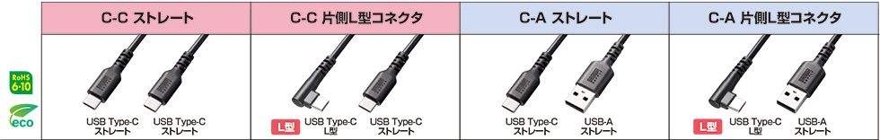 C-C ストレート、C-C片側L型コネクタ、C-A ストレート、C-A 片側L型コネクタ