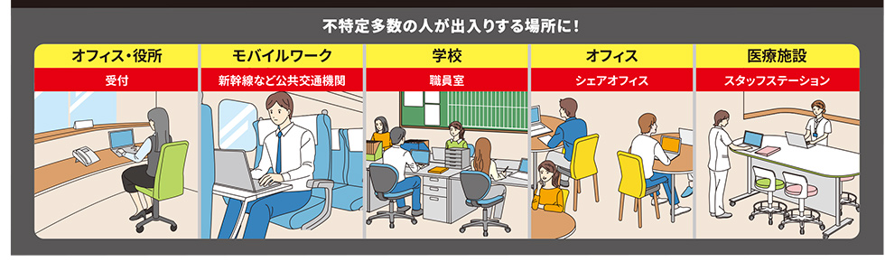 オフィスや学校、モバイルワーク、医療施設など不特定多数の人が出入りする場所に!