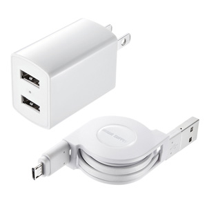 ACA-IP37W / microUSB巻取りケーブル付きUSB充電器(2ポート・合計2.1A・ホワイト)