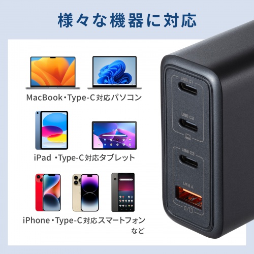 ACA-PD104BK / USB PD対応AC充電器（PD100W・C×3+A×1）