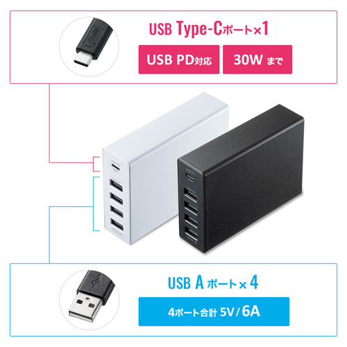 ACA-PD57BK / USB Power Delivery対応AC充電器（5ポート・合計60W・ブラック）