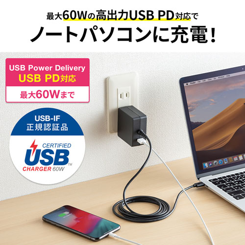 ACA-PD65BK / USB Power Delivery対応AC充電器（PD60W・TypeCケーブル一体型）