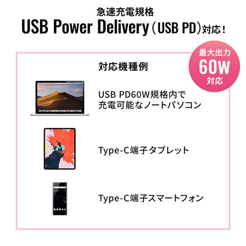 ACA-PD65BK / USB Power Delivery対応AC充電器（PD60W・TypeCケーブル一体型）