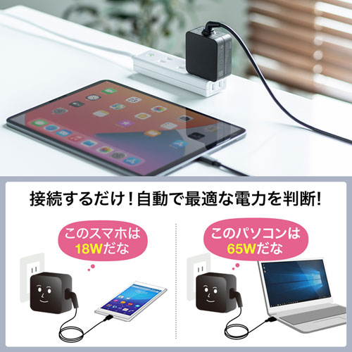 ACA-PD76BK / USB Power Delivery対応AC充電器（PD65W・Type-Cケーブル一体型）