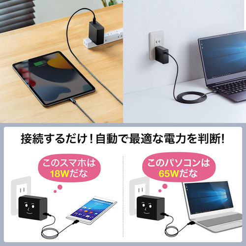 ACA-PD91BK / USB PD対応AC充電器（PD65W・Type-Cケーブル付き）