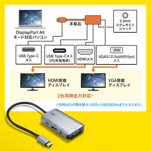 AD-ALCHV02 / USB Type-C-HDMI/VGA変換アダプタ（4K/30Hz/PD対応）