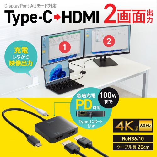 AD-ALCMST2HDPD / USB Type-CーHDMI変換アダプタ（2ポート/4K/PD対応）