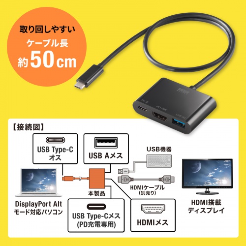 Type-CポートをHDMI(4K/60Hz)に変換し映像出力ができる変換アダプタ。PD充電に対応しUSB Aポート×1も搭載。