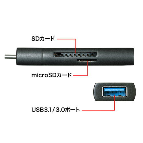 ADR-3TCMS7BK / Type-Cコンパクトカードリーダー(USB 1ポート付き)