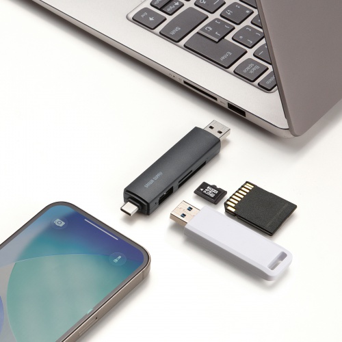 ADR-5TCMSD5BK / USB Type-C ＆ USB-A両対応 直挿しSD/microSDカードリーダー（USBポート付き）