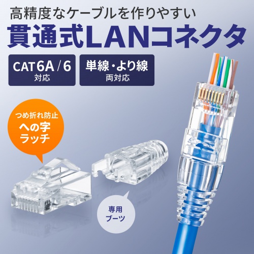 ADT-6ARJKNH-100 / RJ-45コネクタ（カテゴリ6A、貫通型、への字ラッチ、ブーツ付き）100個入り。