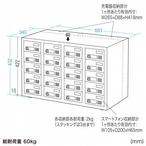 CAI-CABSP68 / 個別管理用スマートフォン保管庫（20台収納・横長・ダイヤル錠）