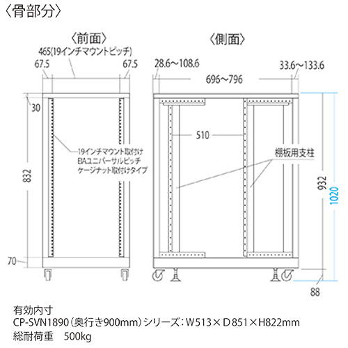 CP-SVN1890BK / 19インチサーバーラック(18U)