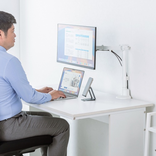 CR-LAC116W / モニターアーム（シングル・ロングアーム・薄型ショートクランプ・ホワイト）