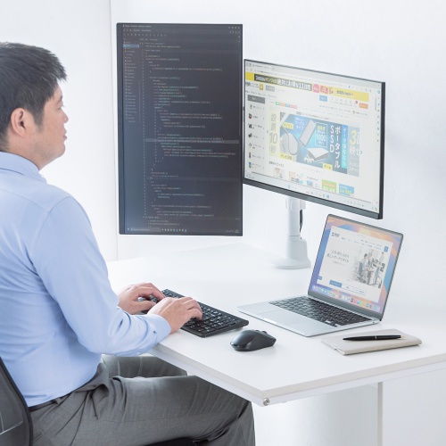 CR-LAC216W / モニターアーム（デュアル・ロングアーム・薄型ショートクランプ・ホワイト）