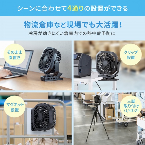 USB充電式扇風機。USB接続で据え置きでも、マグネットでくっつけても、クリップでも挟んでも使用できる。3段階風量調整可能で、角度も縦横360°回転可能。USB充電ポート付き。