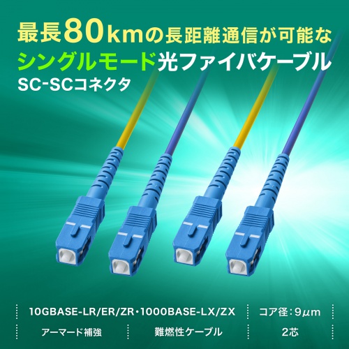 高強度・高信頼性に加えて柔軟性も兼ね備えたロバスト光ファイバケーブル。シングル9μm、2芯、SC×2-SC×2、10m。