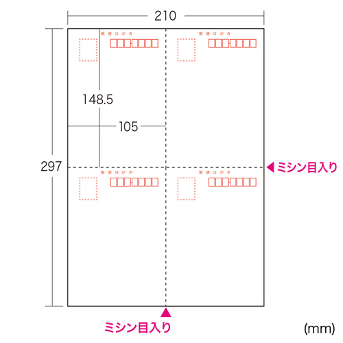 JP-MTHK01A4-200 / マルチはがき(郵便番号枠あり)4面　A4サイズ　1箱(200枚入り)