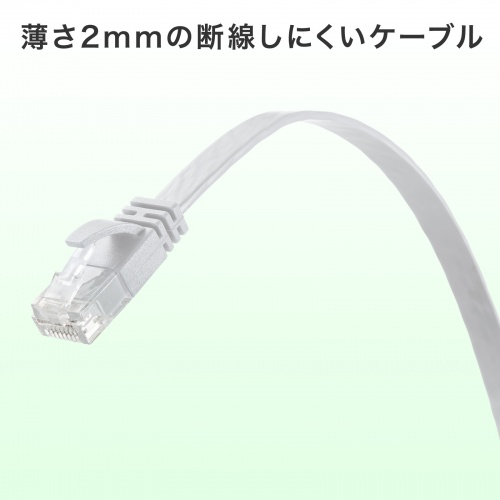 KB-FL6AL-15W【カテゴリ6AフラットLANケーブル（ホワイト・15m）】超フラット高弾力PVC製ケーブル 、ツメ折れ防止カバー付き、10Gビットイーサネットにも完全対応のCAT6AフラットLANケーブル。ホワイト・15m。｜サンワサプライ株式会社