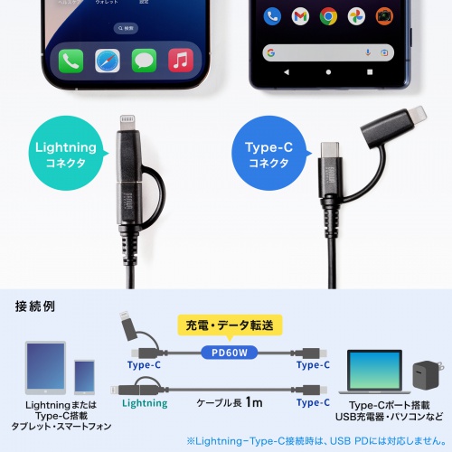 KB-IPLTCCP6010BK / USB2.0 Type-Cケーブル（Lightning変換アダプタ付き・ブラック）