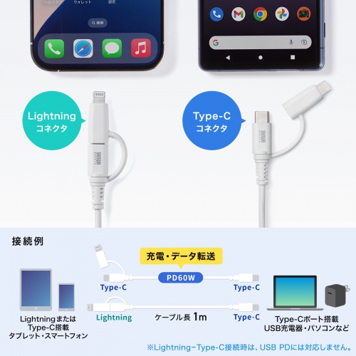 KB-IPLTCCP6010W / USB2.0 Type-Cケーブル（Lightning変換アダプタ付き・ホワイト）