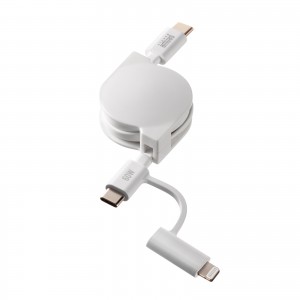 KB-IPLTCM08W / USB2.0 Type-C巻き取りケーブル（Lightning変換アダプタ付き）