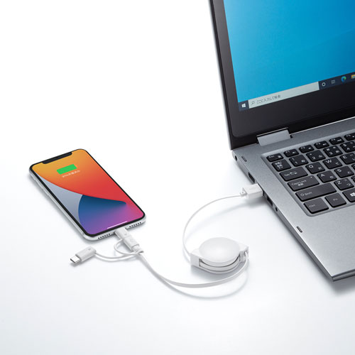 KB-IPLTM08KW / ライトニング・Type-C・microB 巻取りUSB　3in1 ケーブル　0.8m